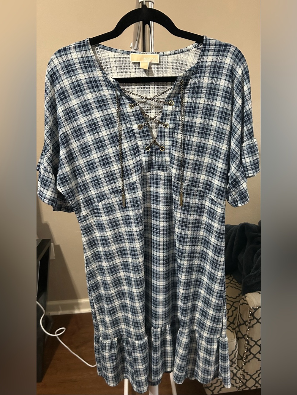 Michael Kors Blue and White Plaid Lace-Up Short Sleeve Shirt